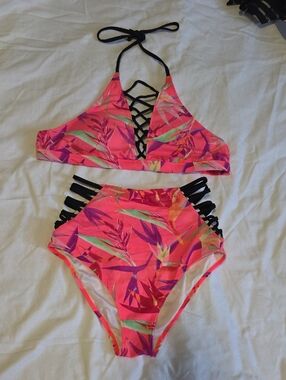 Victorias Secret Hot Pink Tropical Lace-Up High-Waist Bikini